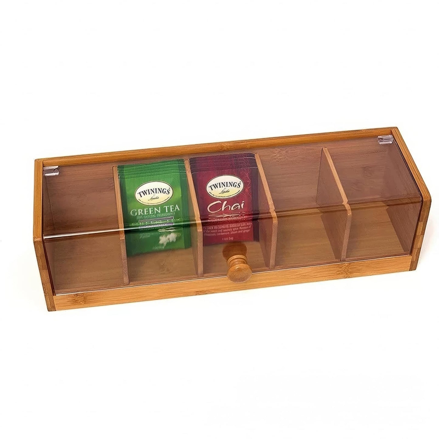 RRRICO Bamboo Tea Box with Clear Acrylic Lid – Tea Bag Organizer for Drawer Cabinet or Counter Tea Storage Box for Herbal Tea, Sugar Packets, Coffee Station Kitchen Tea Organizer with Compartments