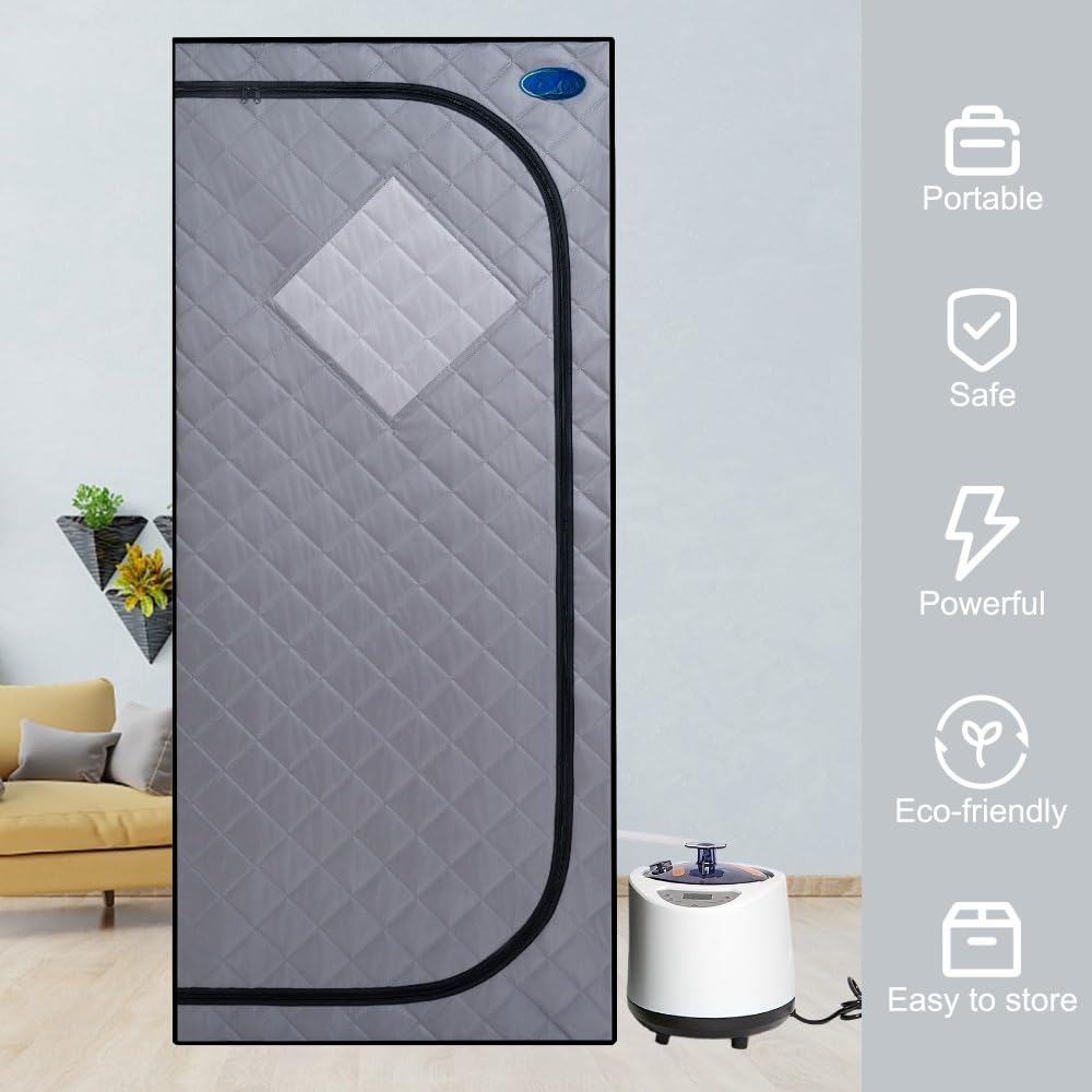 Full Size Portable Grey Steam Sauna Tent – Personal Home Spa with Fast Heating Steam Generator, Remote Control, Foldable Chair & Timer, Easy to Install PVC Frame, FCC Certification