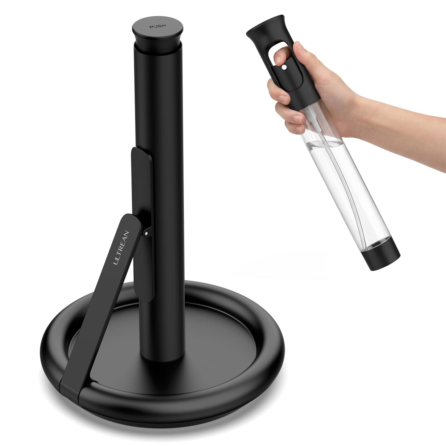 Ultrean Paper Towel Holder with Spray Bottle, Countertop Freestanding Paper Towel Dispenser with Spring-Loaded Tension Arm for One-Handed Tear, Weighted Base, Stainless Steel for Kitchen, Black
