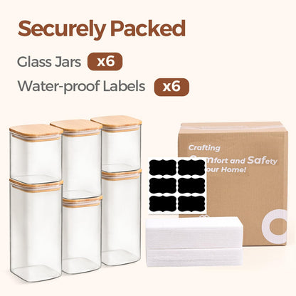 ComSaf Airtight Glass Storage Canister with Lids (0.7Qt/1.2Qt/1.6Qt) Set of 6, Food Storage Container Kitchen Pantry Storage Jar, Glass Jars for Flour Cereal Sugar Tea Coffee Beans Snacks, Square