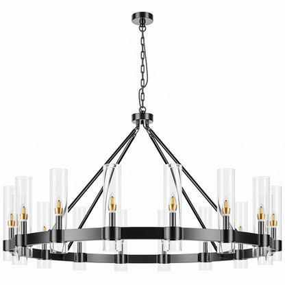 AEULYTIR 48 Inch Black Wagon Wheel Chandelier with Glass Shade, 16 Lights, Modern Farmhouse Style, Ideal for Dining Room, Kitchen, Entryways