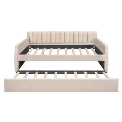 Favfurish Velvet Upholstered Full Size Daybed with Trundle, Solid Wooden Sofa Bed Frame w/Vertical Stripes Designed Backrest and Pine Legs, No Box Spring Needed