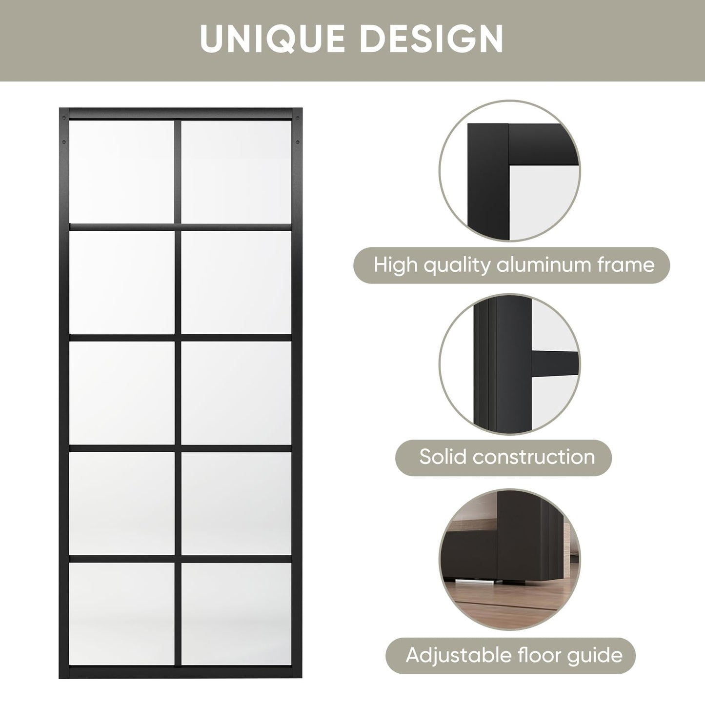 Jubest DIY Glass Sliding Closet Kitchen Door, 36in x 84in Modern French 5-Lite Clear Tempered Glass Aluminum Frame, Easy Assembly