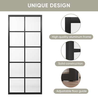 Jubest DIY Glass Sliding Closet Kitchen Door, 36in x 84in Modern French 5-Lite Clear Tempered Glass Aluminum Frame, Easy Assembly