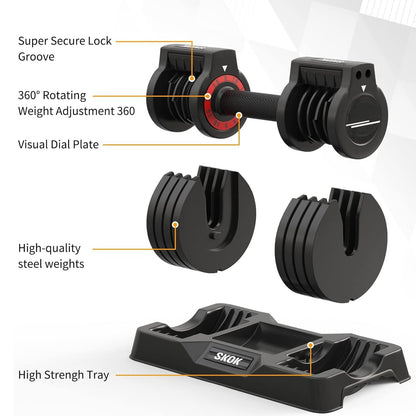SKOK 25 lbs Pair Adjustable Dumbbells Set, Adjustable Weights Dumbbells Set for Men and Women with Anti-Slip Fast Adjust Weight by Turning Handle with Tray