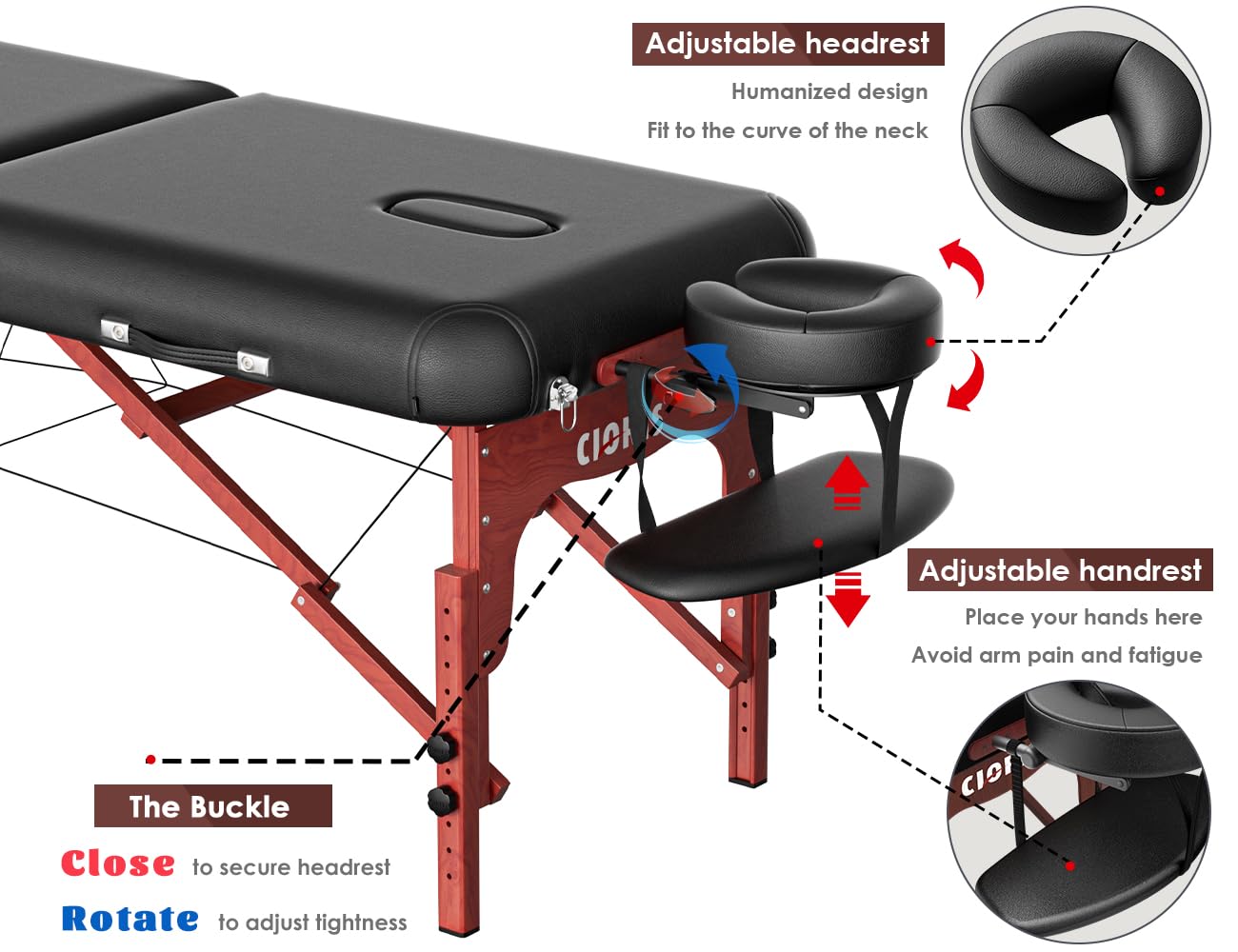 CLORIS 84" Professional Massage Table Portable 2 Folding Lightweight Facial Salon Spa Tattoo Bed Height Adjustable with Carrying Bag & Wooden Leg Hold Up to 1100LBS Black