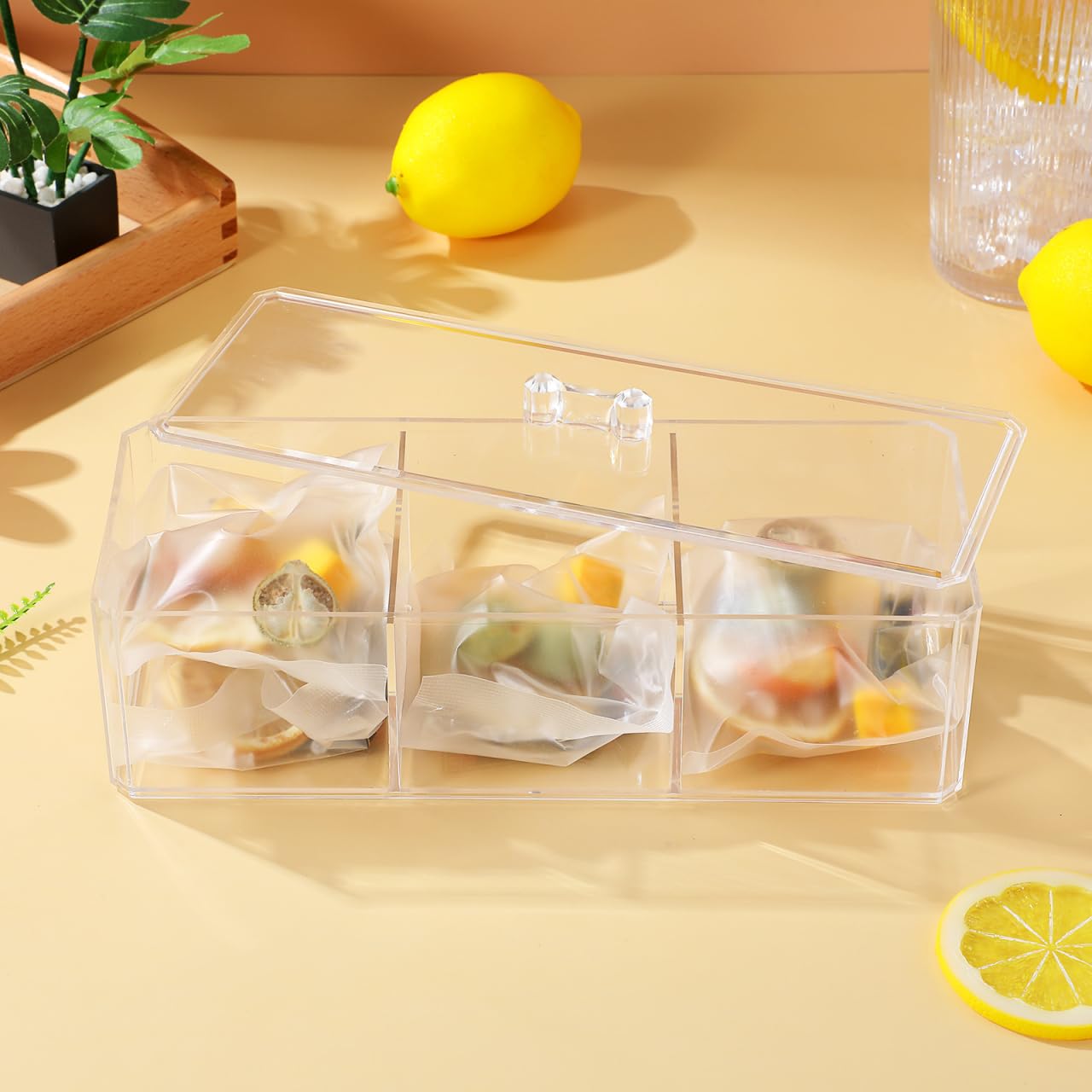 Unomor Tea Bag Organizer Box with Lid - Divided Acrylic Tea Storage Chest 9.17X3.74X3.26In Multi-Compartment Bag Holder for Kitchen Countertop Office and Home