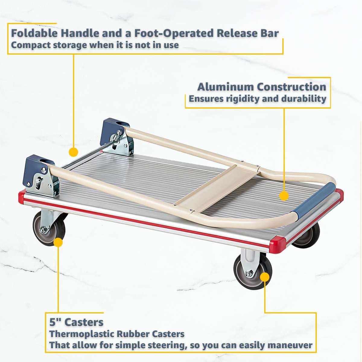 Aluminum Platform Truck 440 lb Capacity – Lightweight Cart with Folding Handle, 5″ TPR Casters & Corner Protectors – 19″ x 29″ Utility Dolly for Warehouse, Office, Retail, Silver