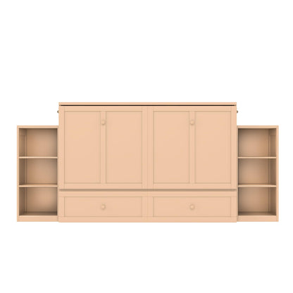 DNYN Pine Wood Murphy Bed Cabinet with Dual Multi-Layers Shelves and 2 Storage Drawers for Guest Room/Home Office, Space-Saving Foldable Bed Frame, No Box Spring Needed