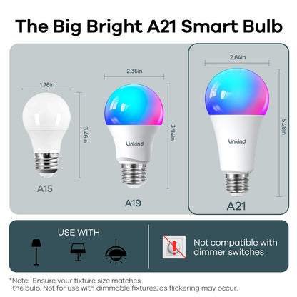 Linkind Smart Light Bulbs, 1600LM (100W Equivalent) Smart Bulb, Work with Alexa & Google Home, RGBTW Color Changing Bulb Music Sync, 2.4GHz Wi-Fi & Bluetooth, LED Alexa Light Bulbs 14W, A21 E26, 2Pack