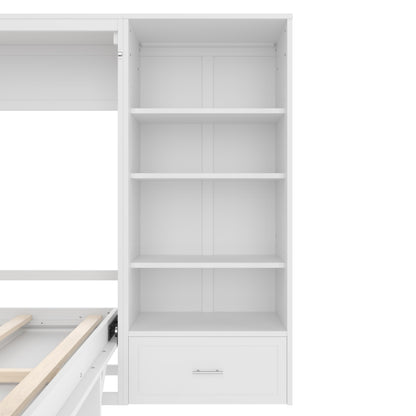 Murphy Bed Queen,Murphy Bed with Height Adjustable Storage Compartments and Shelf,Wall Bed Frame w/ 1 Drawer, Multifunctional Foldable Platform Bed for Bedroom,Guest Room,White