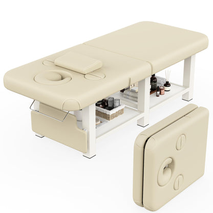 Extra Large 34 in × 80 in Folding Stationary Massage Table with Adjustable Backrest & Armpit Opening , Heavy-Duty Metal Frame Treatment Bed for Spa, Physical Therapy, Tattoo, Facial - Beige Gray