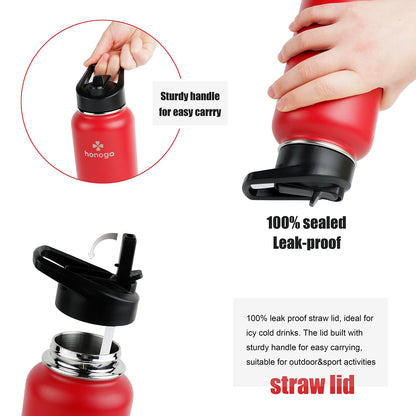 honogo 40 oz Double Wall Insulated Sports Water Bottle for Men, Women & Kids, 18/8 Stainless Steel Wide Mouth Thermal Flask with Straw Lid & Spout Lid, Leak Proof, Keep Hot and Cold (Red, 40 oz)
