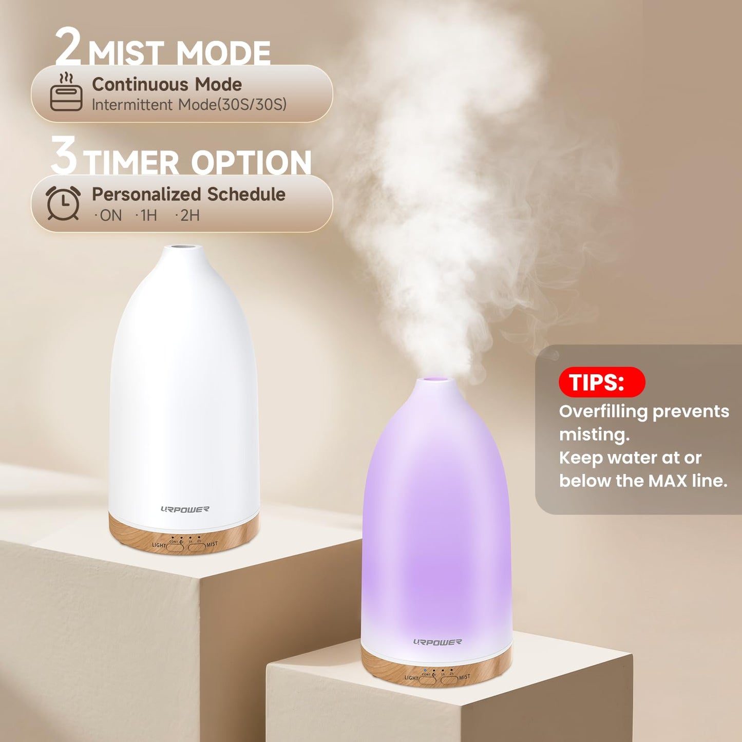 URPOWER Essential Oil Diffusers for Home with 7 LED Color Changing Lights, Timer & Auto-Off Ultrasonic Aromatherapy Diffuser Cool Mist Humidifer Scent Diffuser for Bedroom, Office, Yoga
