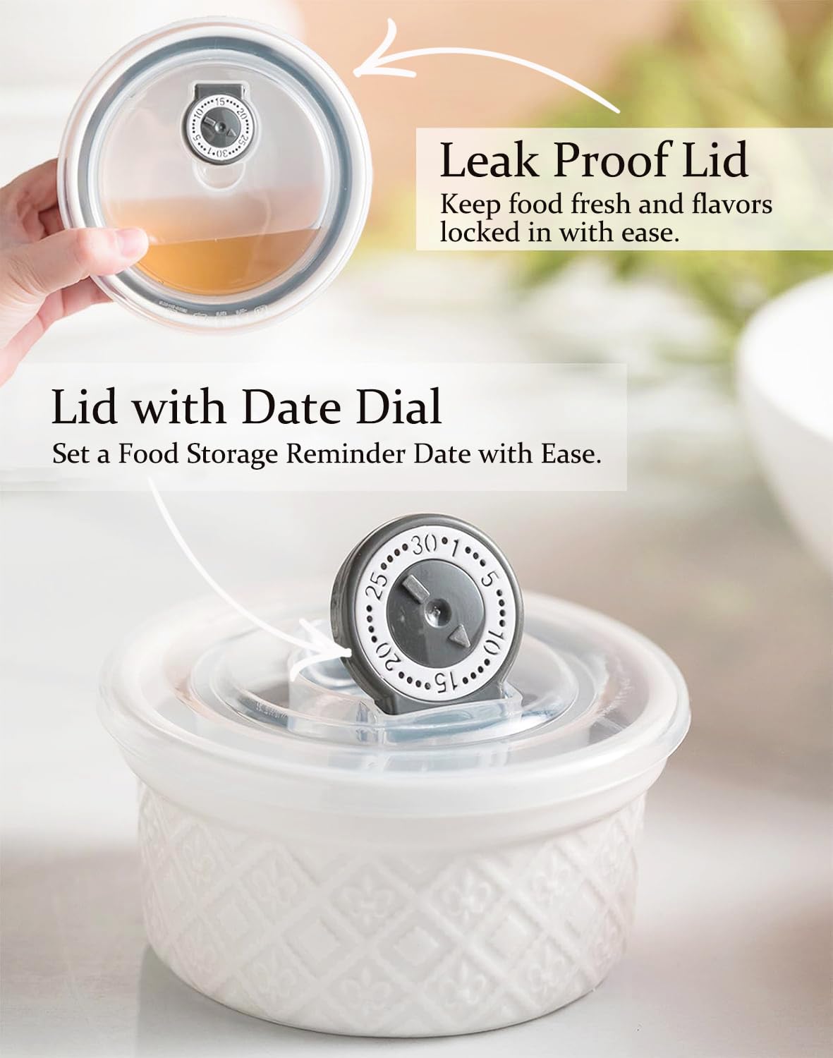 Large Mixing Bowls with Airtight Lids, Classic White Porcelain Embossed Nesting Salad Bowls for Baking and Cooking, 12/16/28/40oz Serving Bowls Set of 4, Oven and Dishwasher Safe, Thanksgiving Gift