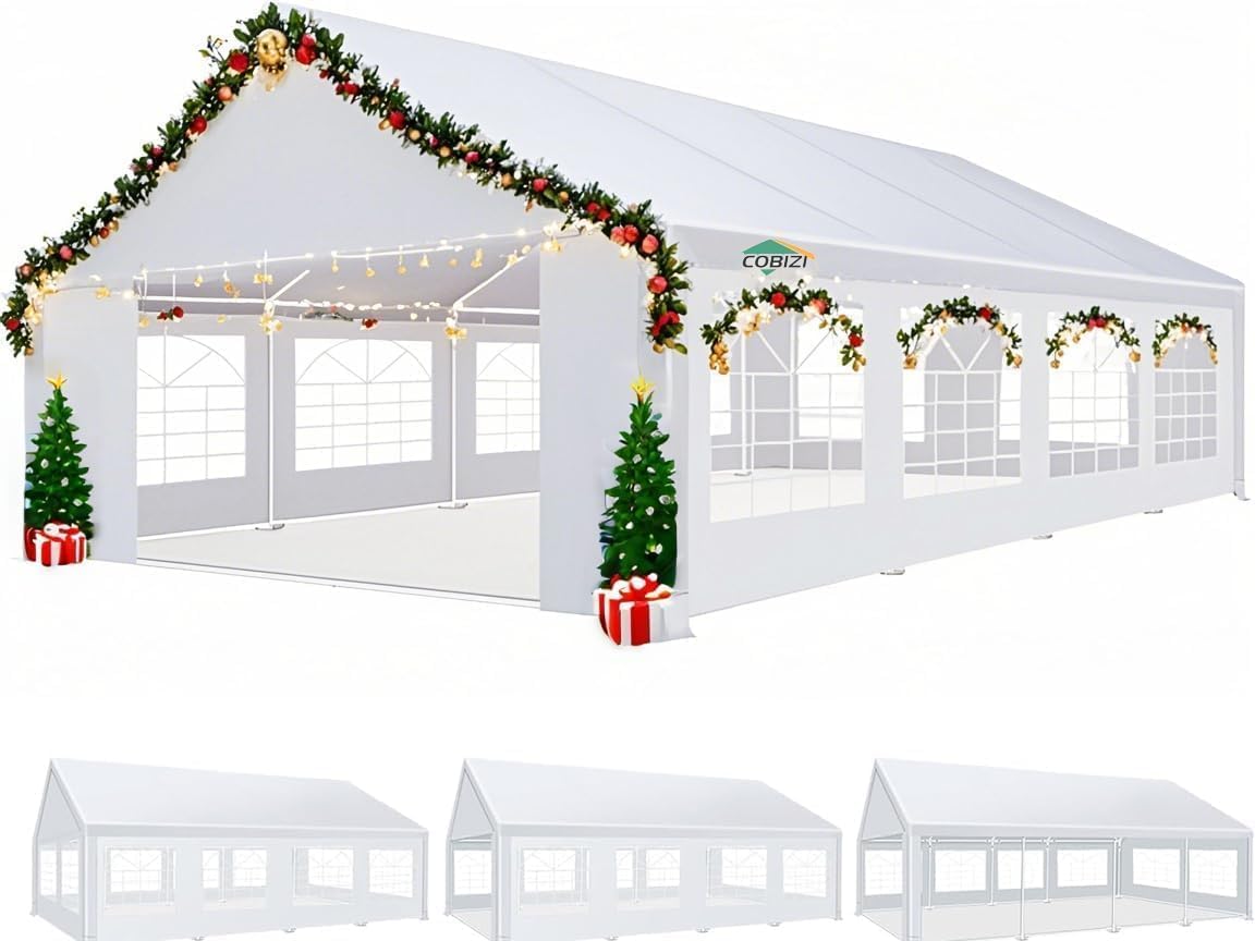 COBIZI 20x30 Party Tents Heavy Duty with 8 Sidewall & 12 Windows, Event Shelter Wedding Canopy for Parties, Powder Coating (Better Than Galvanized), Waterproof Outdoor Gazebo for BBQ, White