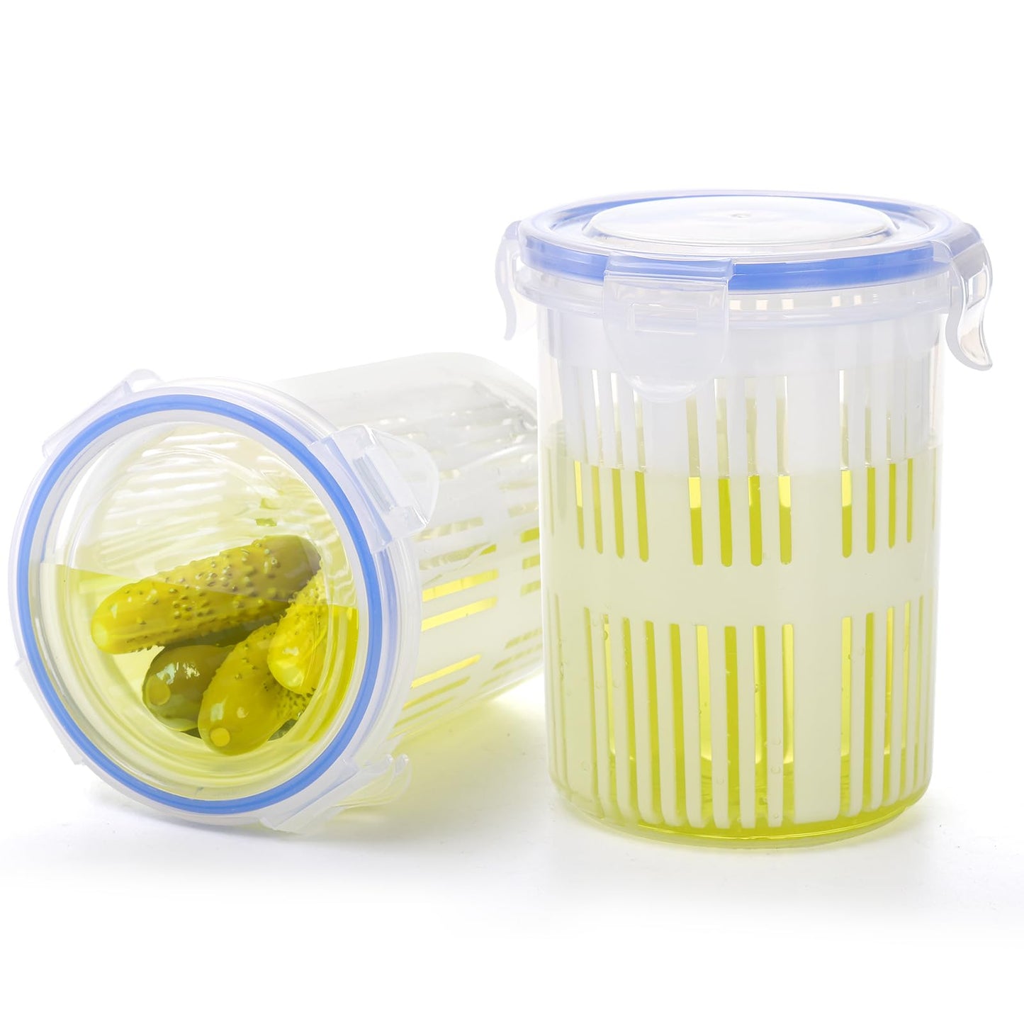 Yesland 4 Pack Pickle Container with Strainer, 24 oz Plastic Pickle Jar Holder Keeper Lifter, Clear Leak-proof Pickle Juice Separator with Lock It Lid for Sweet Gherkins, Olives