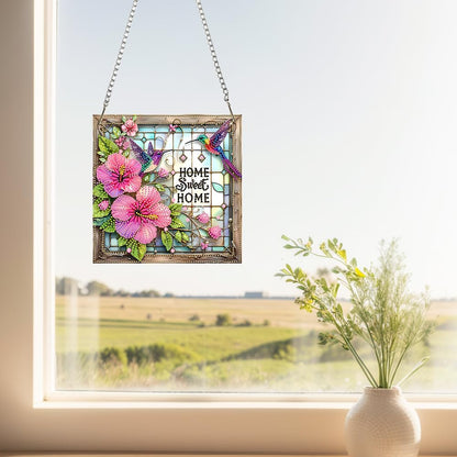 C'eitura Acrylic Special Shape Sweet Home Pink Flower 5D DIY Diamond Art Painting Hanging Pendant Rhinestone Crafts for Garden Window Decor