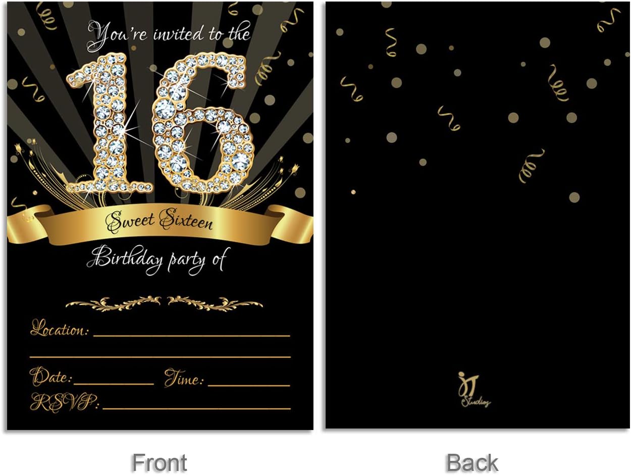 25 Sweet Sixteen Black Double-Sided Party Invitations Kit, 5x7, with Gold Metallic Pen and Envelopes