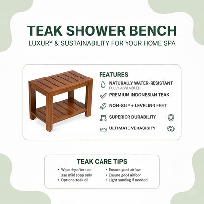 TeakCraft Teak Shower Bench with Shelf, 24” Wide, Shower Stool, Fully Assembled Bathroom Shower Seat, Water-Resistant Spa Bath Bench for Shower, Bathroom & Entryway, The Tara