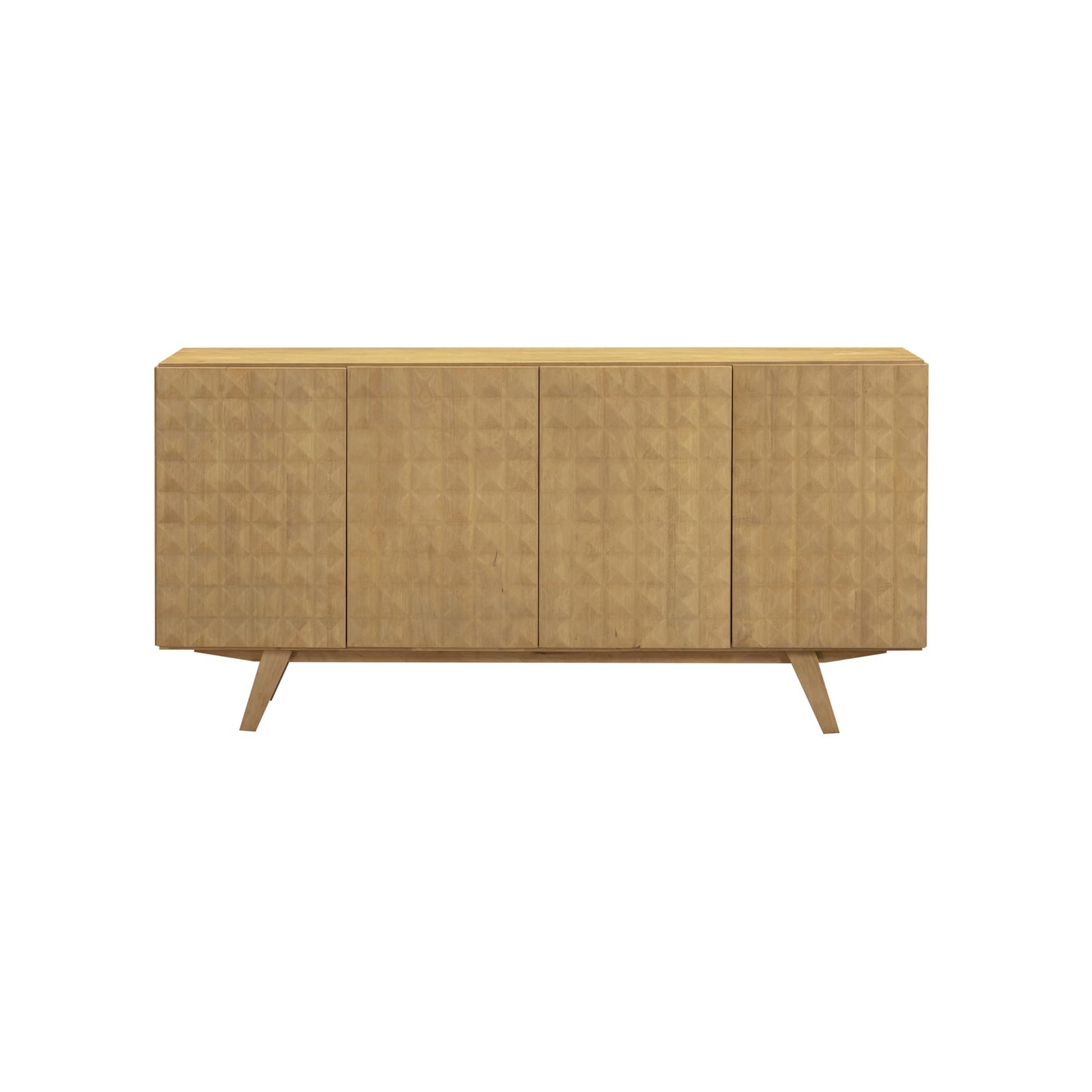 NTC Sapa Mid-Century Modern Solid Wood Sideboard – 4-Door Accent Buffet Cabinet with Carved Geometric Fronts, for Living Room, or Entryway, Effortless Assembly, Sand