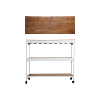 Creative Co-Op Metal & Wood 3-Tier Scalloped Cart on Casters, White & Natural Finish