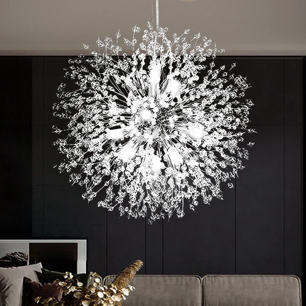Yiisem Dandelion Crystal Chandeliers, 16-Light Chrome Modern Round Firework Pendant Lighting, Hanging Chandelier Light Fixtures for Dining Room Bedroom Living Room Kitchen Aisle Girls Room