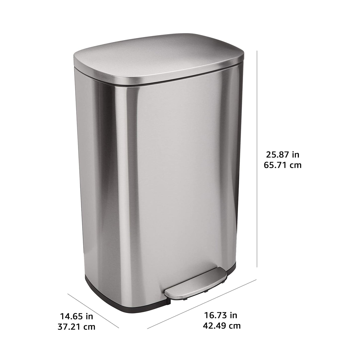 Amazon Basics Smudge Resistant Rectangular Trash Can with Soft-Close Lid, Foot Pedal, Removable Inner Bucket, 50 Liter/13.2 Gallon, Brushed Stainless Steel, Satin Nickel Finish