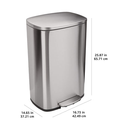 Amazon Basics Smudge Resistant Rectangular Trash Can with Soft-Close Lid, Foot Pedal, Removable Inner Bucket, 50 Liter/13.2 Gallon, Brushed Stainless Steel, Satin Nickel Finish