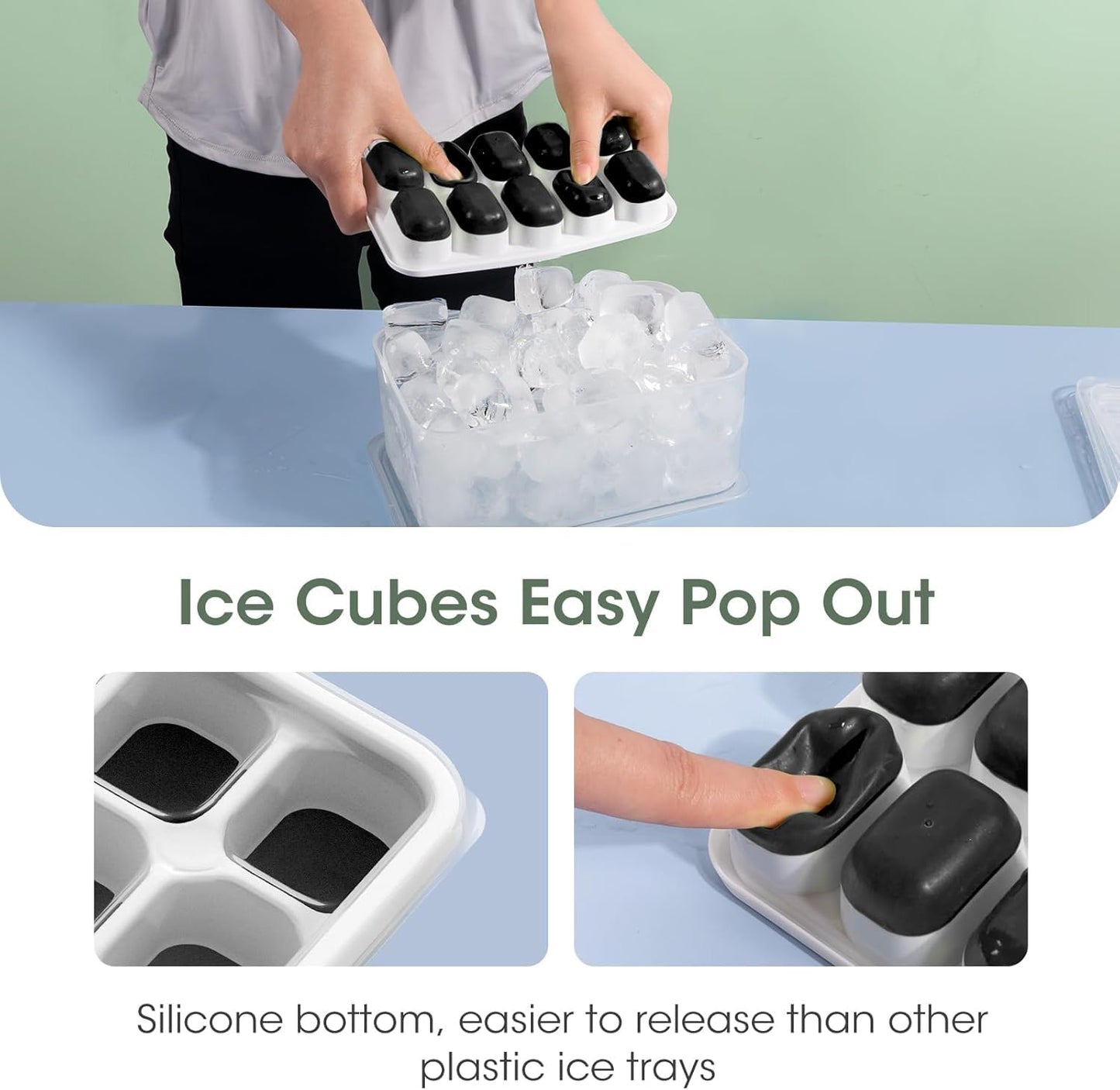 DOQAUS Ice Cube Tray with Lid and Bin, 4 Pack Silicone Plastic Ice Cubes Trays for Freezer with Box/Container, Stackable with Storage Iced Bucket Kits, Scoop, for Baby Food, Cocktail, Coffee