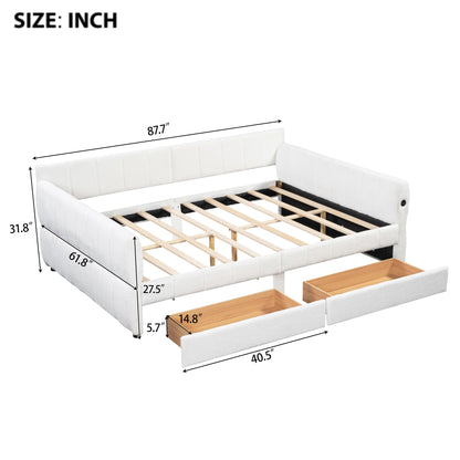 Merax Queen Size Lambswool Daybed, Upholstered Platform Day Bed with USB and 2 Drawers,U-Shaped Space Saving Corner Sofabed for Kids, Teens & Adults, Wood Slat Support,White