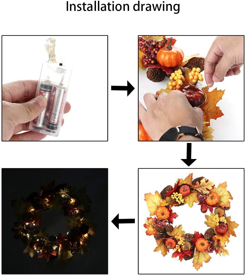 Lighted Fall Harvest Thanksgiving Wreath with Maple Leaf - 12 Inches, Front Door Wall Decor