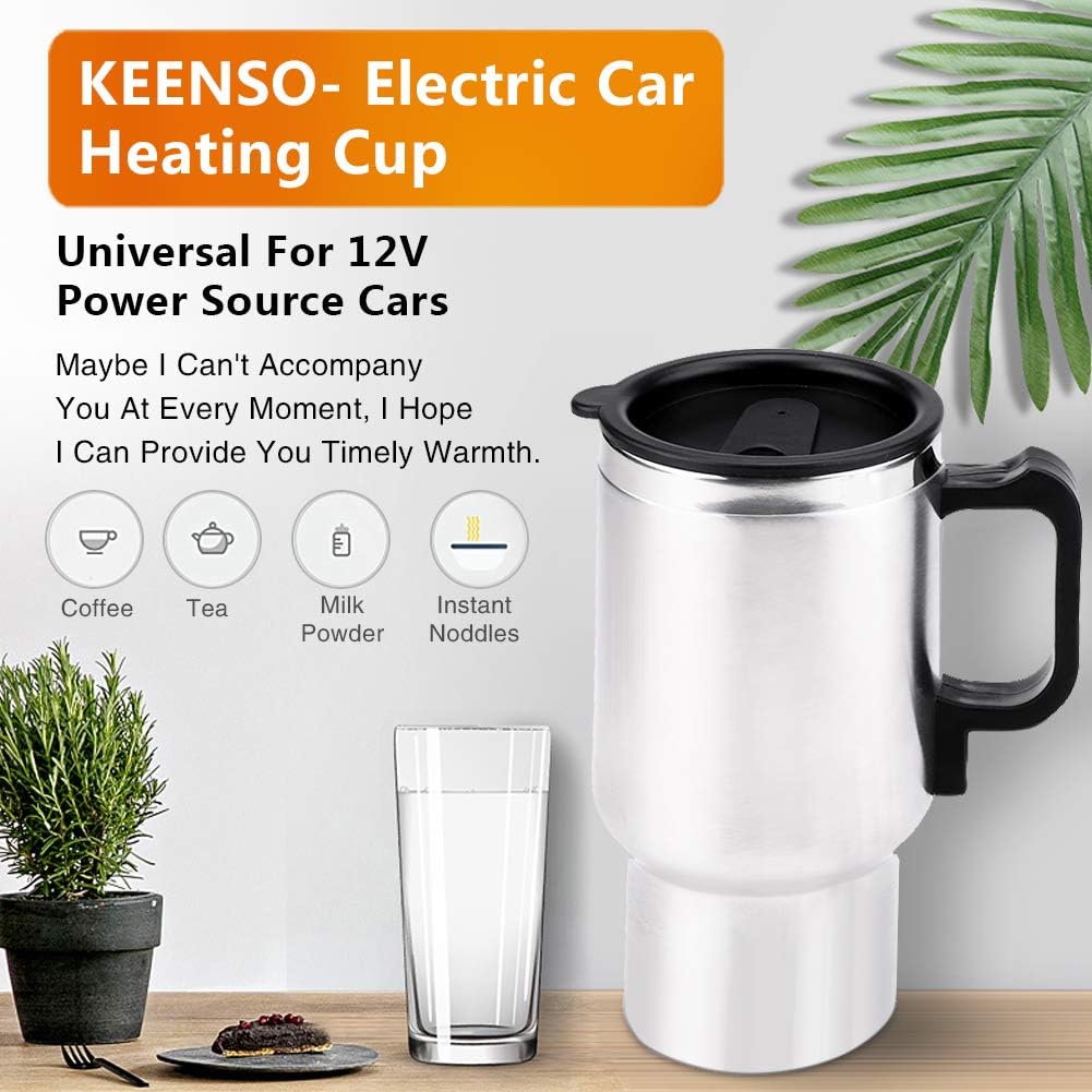 Keenso 12V Electric Car Cup Travel Heating Cup, 450ml Stainless Steel Electric Kettle Coffee Mug Heater