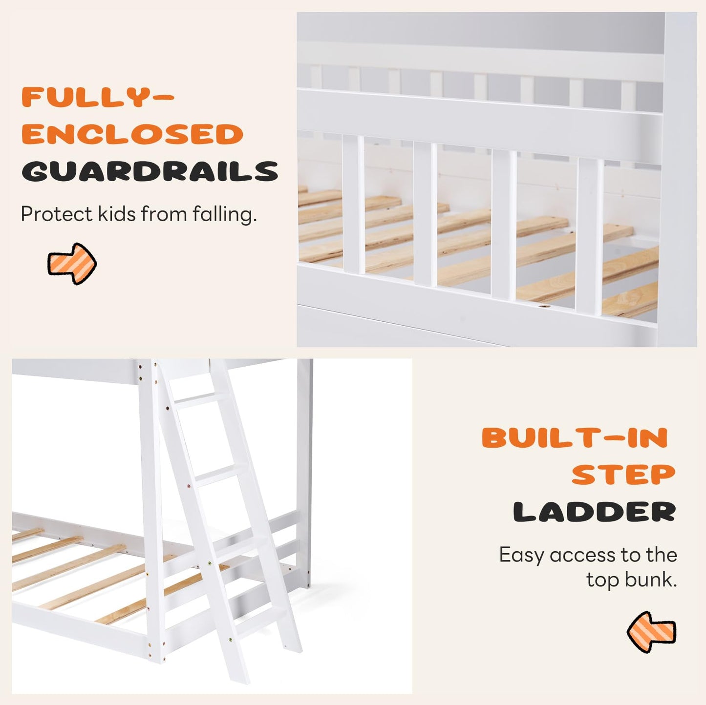 DUMOS Wood Twin Over Twin House Bunk Bed, Loft Bed with Ladder, Safety Guardrail, Wooden Slats & Window, Kids Twin Bed Frame for Teens Juniors, Freely Decorative House Roof