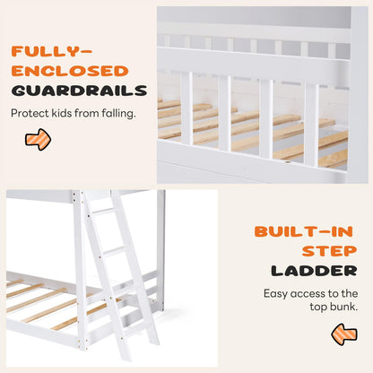 DUMOS Wood Twin Over Twin House Bunk Bed, Loft Bed with Ladder, Safety Guardrail, Wooden Slats & Window, Kids Twin Bed Frame for Teens Juniors, Freely Decorative House Roof