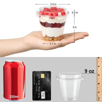 Jycnolm 50 Pack 9 oz Plastic Dessert Cups with Lids, Small Plastic Yogurt Parfait Cups, Mini Round Party Serving Cup for Pudding, Fruit, Cake, Appetizer, Dessert Shot Glasses