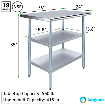 AmGood Stainless Steel Work Table with 2 Shelves | NSF | Metal Utility Table (36" Long x 24" Deep)
