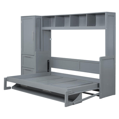 Merax Full Size Murphy Bed, Wall with Closet and Drawers, Storage Space Saving Muti-Functional Beds Frame for Home Office Guest Room, Gray
