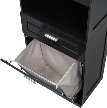 Virubi Laundry Cabinet with Tilt Out Laundry Hamper and Drawer, Wood Tall Bathroom Storage Cabinet with Doors and Adjustable Shelves, Freestanding (Black)