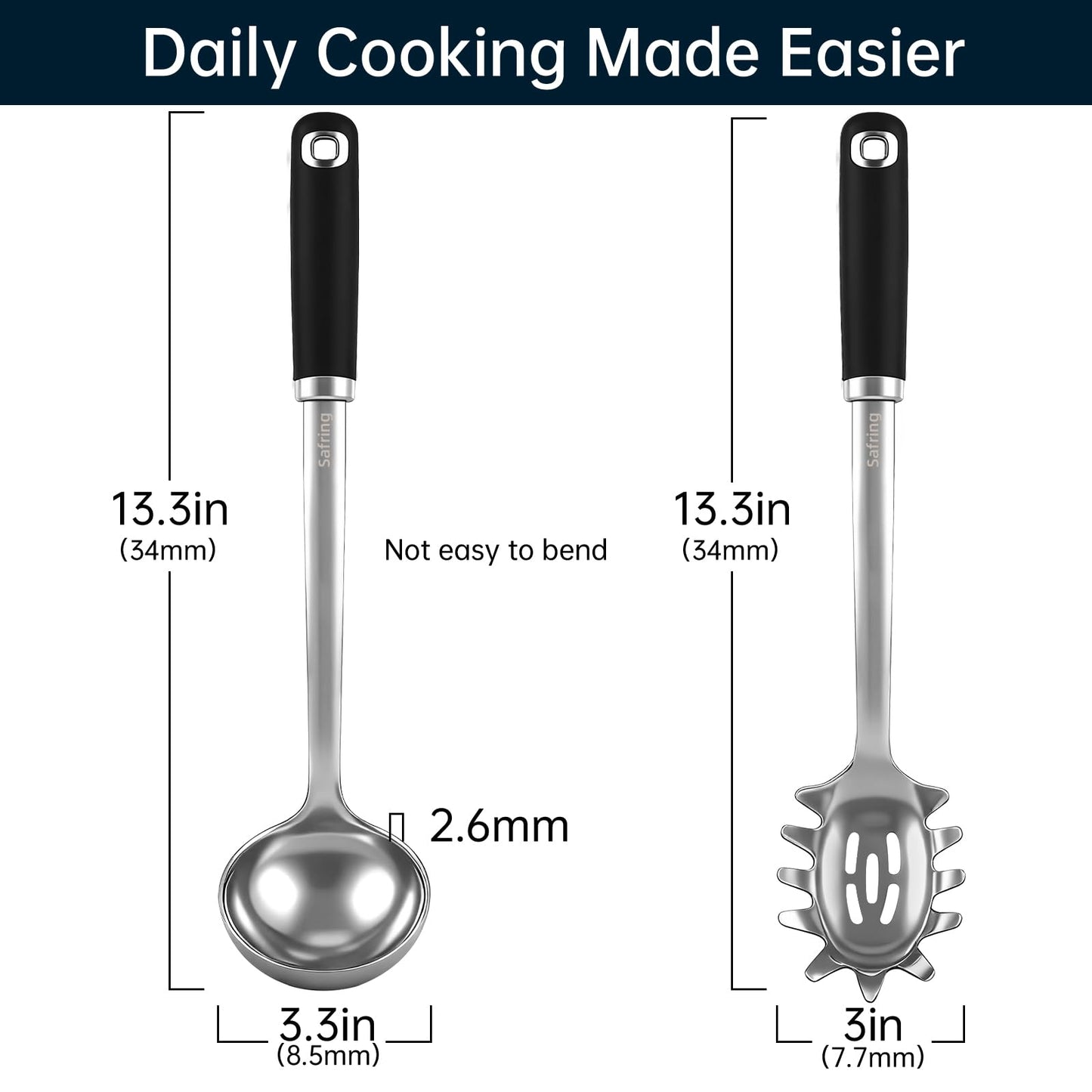 Safring Stainless Steel Soup Ladle and Spaghetti Spoon Set, Heat Resistant Rubber Handle, Dishwasher Safe, Kitchen Utensils for Cooking, Stirring, Serving Pasta, Soup & Sauce