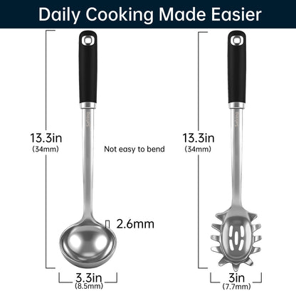 Safring Stainless Steel Soup Ladle and Spaghetti Spoon Set, Heat Resistant Rubber Handle, Dishwasher Safe, Kitchen Utensils for Cooking, Stirring, Serving Pasta, Soup & Sauce
