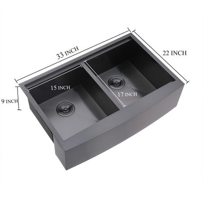 VCCUCINE 33 Inch Gunmetal Black Double Farmhouse Sink, 33X22 Double Bowl Farmhouse Kitchen Sink, 16 Gauge 50/50 Stainless Steel Apron Front Farm Sink, Workstation Farmer Sink With Accessories