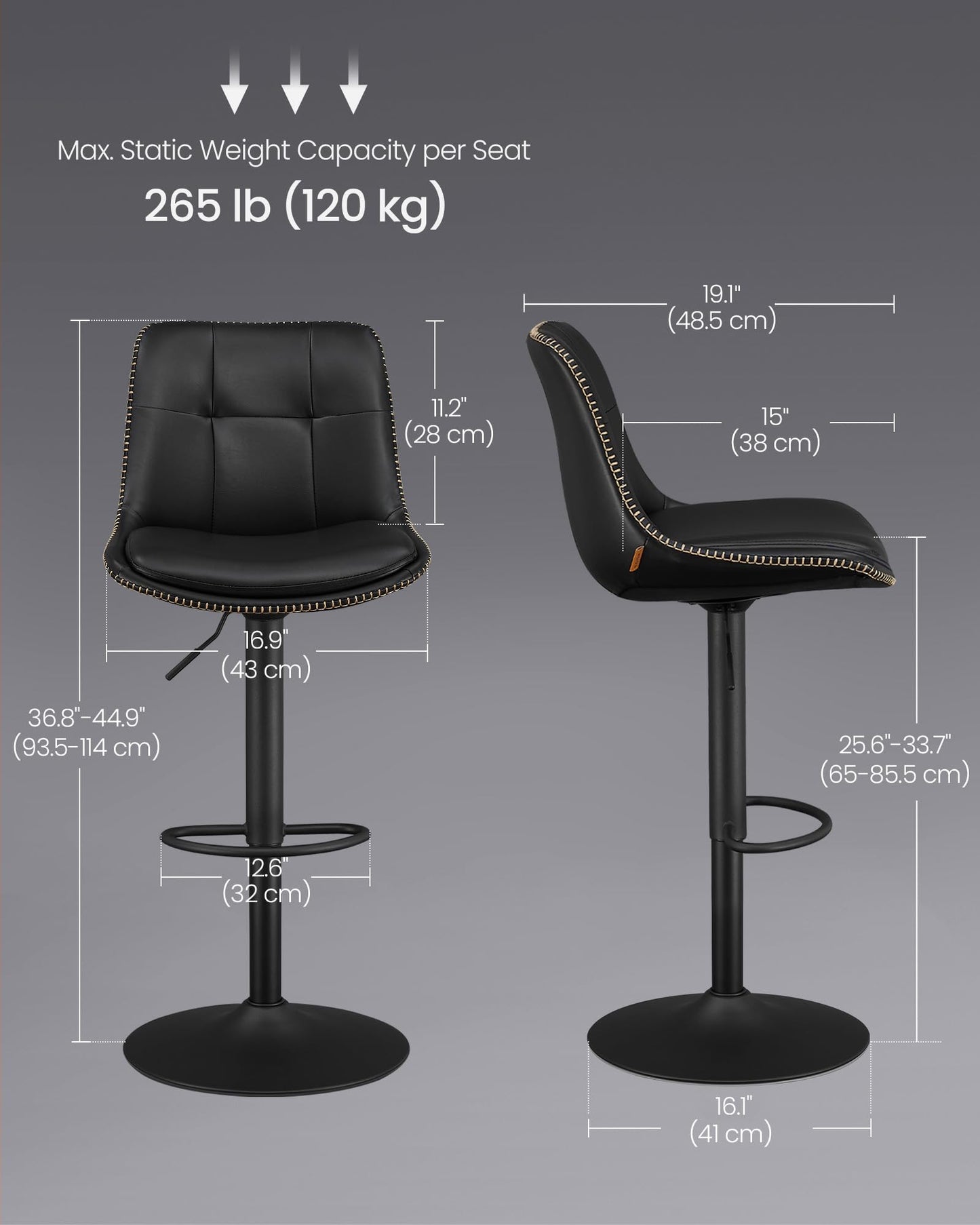 VASAGLE Bar Stools, Set of 4 Swivel Bar Chairs, Adjustable Height, Quilt, Synthetic Leather Kitchen Stools with Back and Footrest, Dining Room, Counter, Steel, Ink Black ULJB095BH01-2J
