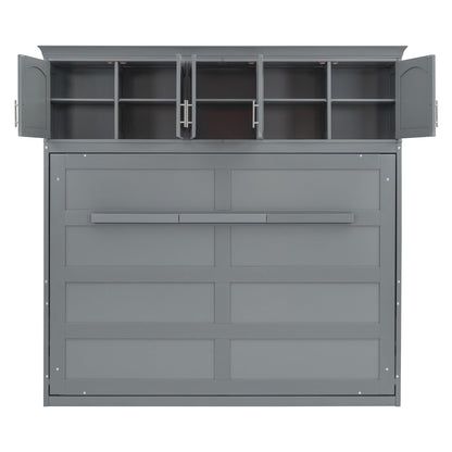 Merax Modern Farmhouse Solid Wood Murphy Cabinet Bed with Top Cabinets, Tall Wall Platform Bed No Box Spring Needed/Easy Assemble Queen,Gray