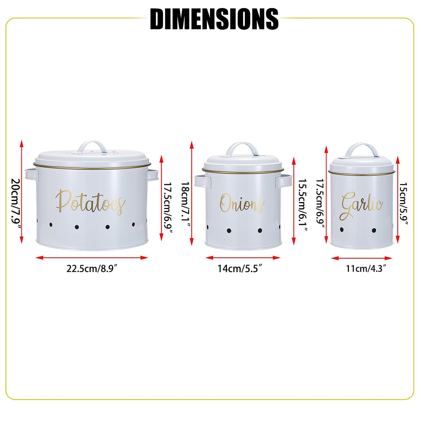 OwnMy Set of 3 Potato Onion Garlic Storage Bins Vegetable Containers Food Containers for Kitchen Counter, Potato Onion Storage Containers for Pantry Garlic Store Jars Vegetable Canisters Set, White