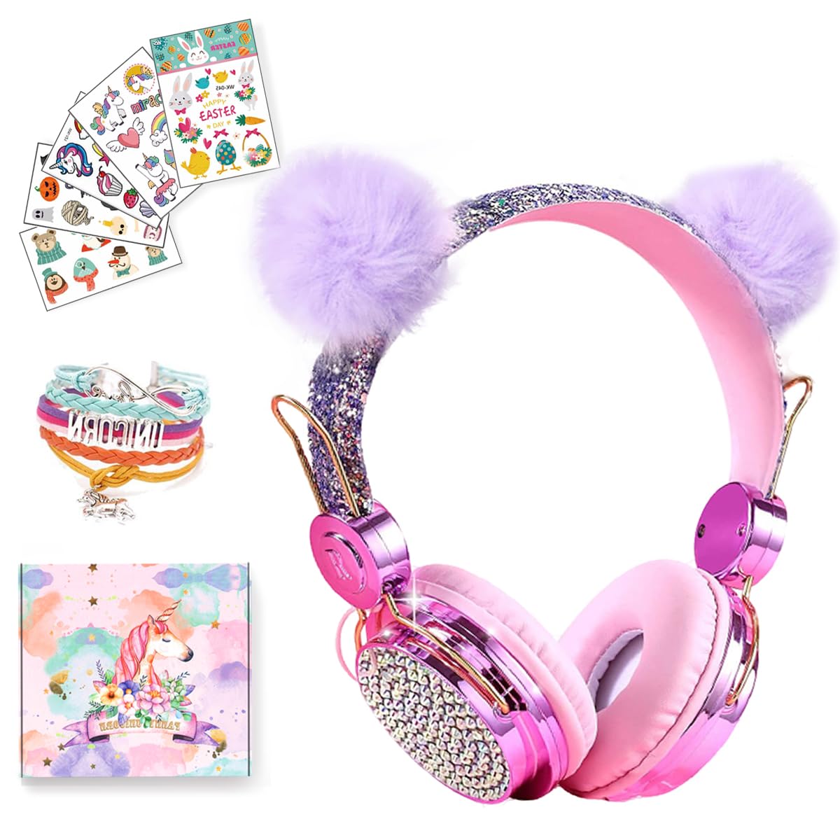 SVYHUOK Cat Ear Wireless Headphones for Kids with Mic, Bluetooth Over Ear Headset for School Cellphone Smartphones Laptop PC LED Light,Wired Headset for School Home (Violet Ball)