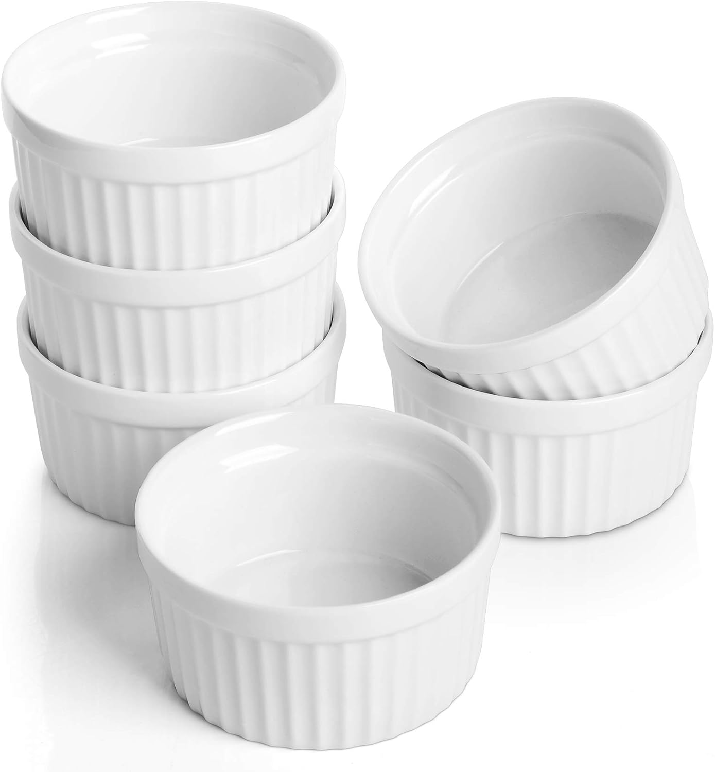 Porcelain Ramekins 4 oz Oven Safe, Small Souffle Dishes for Baking, Set of 6 Ceramic White Mini Bowls