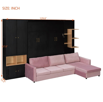 DNYN Queen Size Murphy Bed with Large Sofa and Storage Shelves for Bedroom/Guest/Study Room, Space-Saving Wooden Foldable Wall Bed Frame with Dual LED and Cabinets, No Box Spring Needed