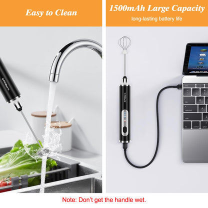 Philorn Milk Frother Wand Rechargeable, Handheld Coffee Drink Mixer Frother Foam Maker with 3 Heads 3 Speed for Lattes, Cappuccino, Frappe, Matcha, Hot Chocolate Egg Black (Black)