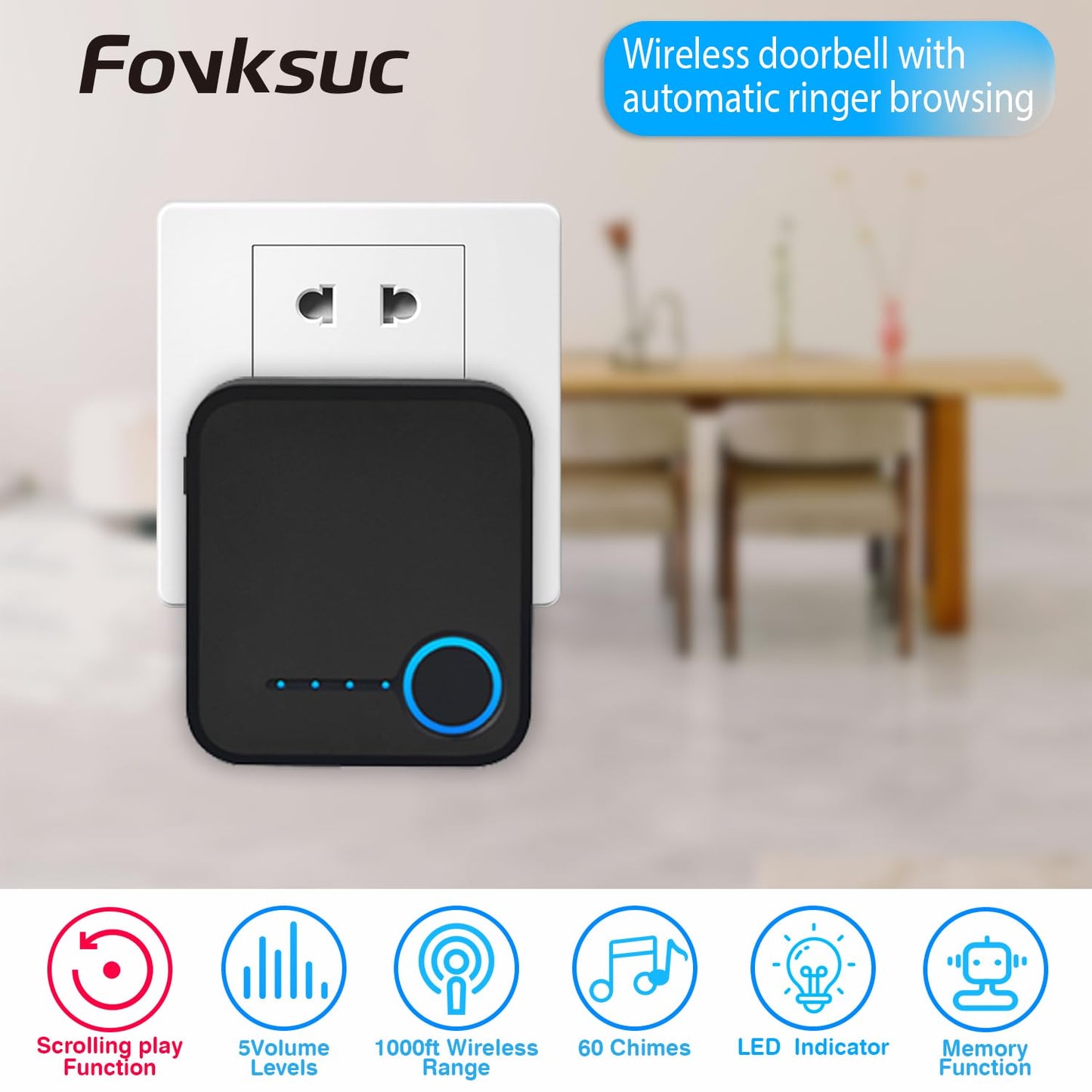 Wireless Doorbell, Waterproof Door Bell with 60 Chimes, 5 Levels Volume and LED Flash, 1000ft Long Range Classroom Doorbell for Home Office Hospital (2 Receiver & 1 Button, Black)